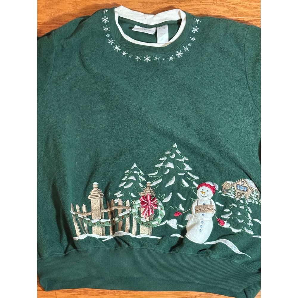 Vintage 80s Alfred Dunner Green Fleece Snowman Christmas Sweatshirt Medium